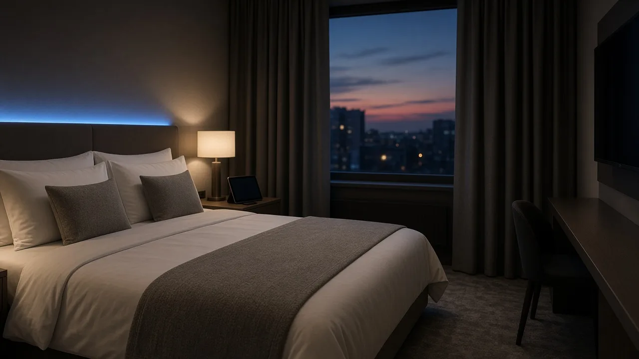 Habitación de hotel al anochecer con luz LED de ambiente sobre el cabecero, tablet en la mesilla y cortina motorizada entreabierta